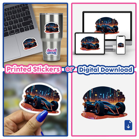 A collage featuring A Futuristic Electric Race Car depicted as dynamic stickers or digital artwork, showcasing sleek design elements suitable for unique vinyl sticker collections or digital art enthusiasts.