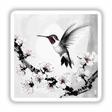 Sumi-e Hummingbird in Flight Over Plum Blossoms Japanese Ink Art, available as stickers or digital artwork, depicting a hummingbird gracefully hovering amidst delicate plum blossoms in traditional Japanese ink style.