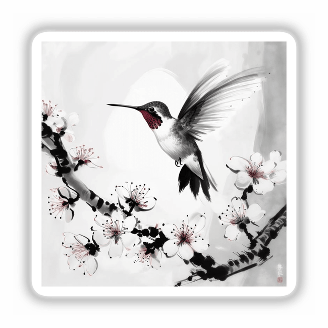 Sumi-e Hummingbird in Flight Over Plum Blossoms Japanese Ink Art, available as stickers or digital artwork, depicting a hummingbird gracefully hovering amidst delicate plum blossoms in traditional Japanese ink style.