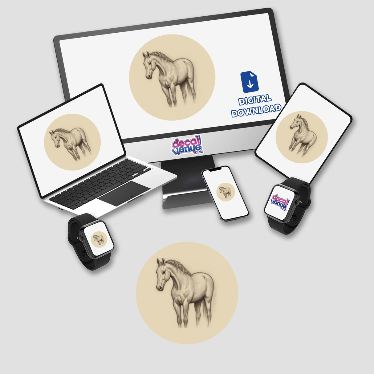 Hand-Drawn Horse Sketch Art Clipart displayed on a computer monitor and laptop screen, available as stickers or digital artwork for commercial use download and printable stickers.