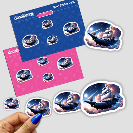 A Cool Retro Pirate Sailing Spaceship sticker pack, showcasing whimsical pirate ships flying through the sky, available as stickers or digital artwork from Decal Venue.