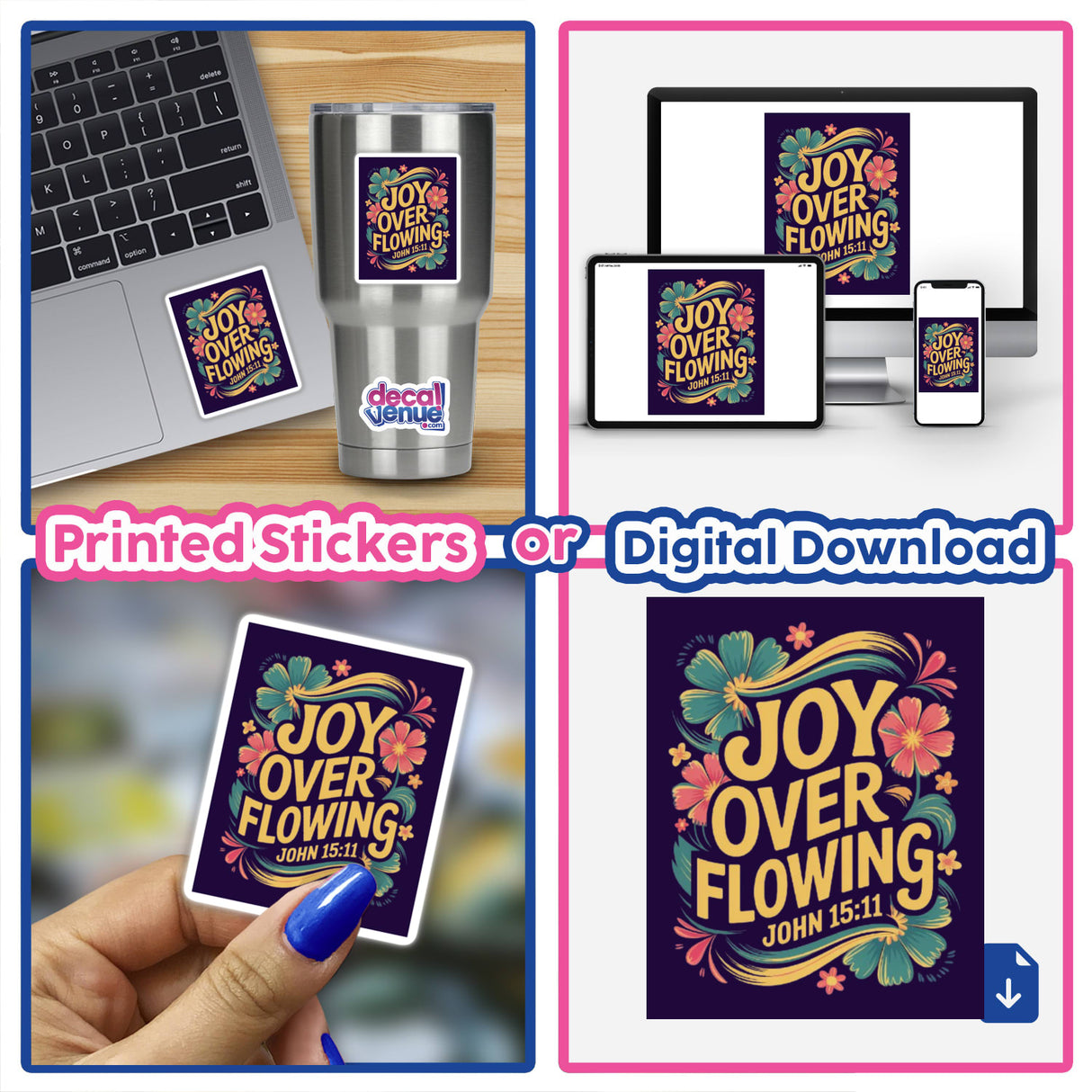 Joy Overflowing John 15:11 Sticker or Clipart displayed on a laptop, showcasing its vibrant design. The product is available as both a sticker and digital artwork with commercial rights.