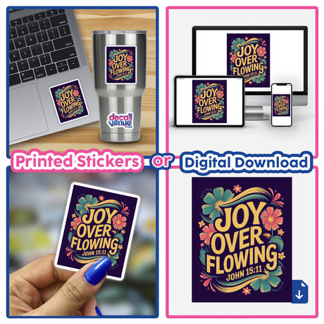 Joy Overflowing John 15:11 Sticker or Clipart displayed on a laptop, showcasing its vibrant design. The product is available as both a sticker and digital artwork with commercial rights.