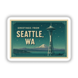 Greetings from Seattle Postcard Sticker or Clipart features a vintage Space Needle illustration, ideal for stickers or digital artwork, reflecting Decal Venue's unique vinyl stickers and digital art collection.