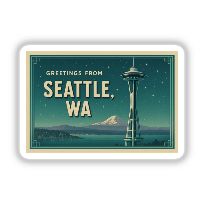 Greetings from Seattle Postcard Sticker or Clipart features a vintage Space Needle illustration, ideal for stickers or digital artwork, reflecting Decal Venue's unique vinyl stickers and digital art collection.