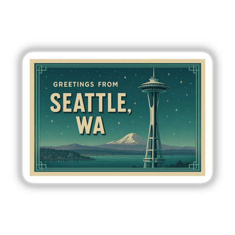 Greetings from Seattle Postcard Sticker or Clipart features a vintage Space Needle illustration, ideal for stickers or digital artwork, reflecting Decal Venue's unique vinyl stickers and digital art collection.