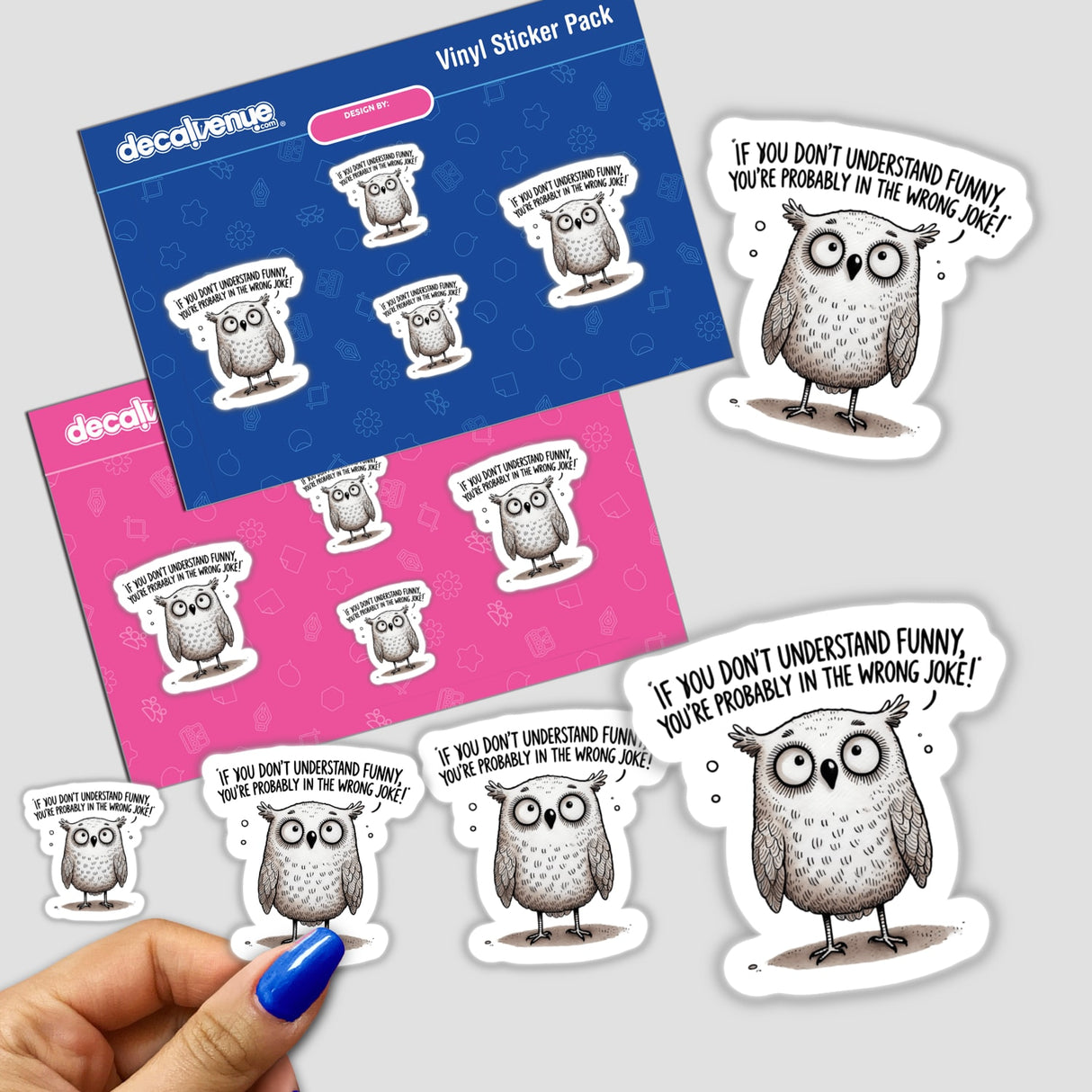 Stickers featuring cartoon owls with the phrase Owl If You Don’t Understand Funny, highlighting detailed illustrations and playful designs.