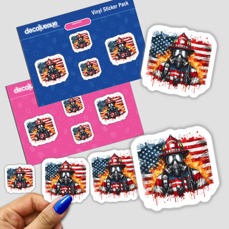USA Flag American Firefighter Fireman digital artwork featuring patriotic stickers with firefighter silhouettes against an American flag backdrop.