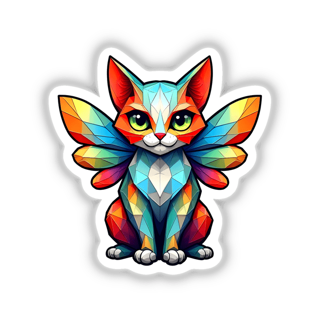 A Cute Geometric Fairy Cat illustration, featuring a whimsical cat with wings and large eyes, available as stickers or digital artwork from Decal Venue.