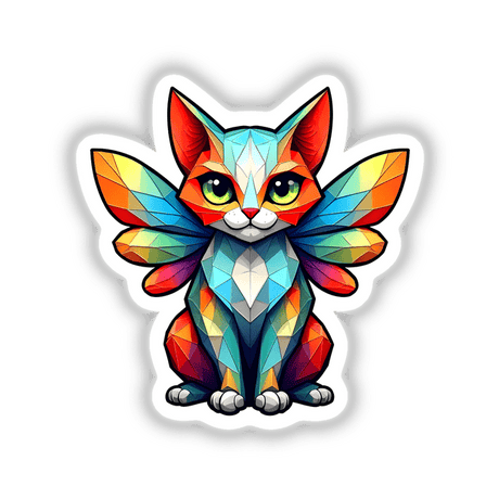 A Cute Geometric Fairy Cat illustration, featuring a whimsical cat with wings and large eyes, available as stickers or digital artwork from Decal Venue.