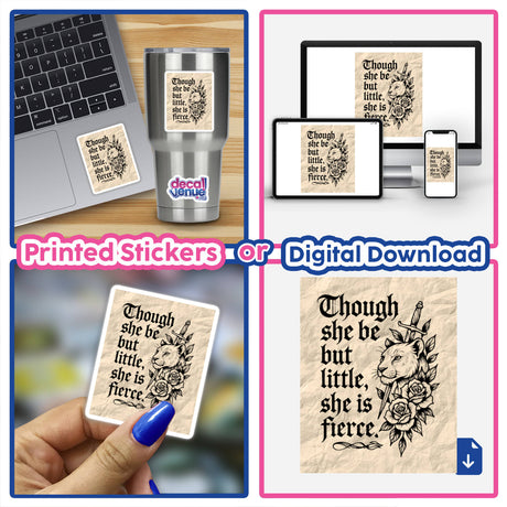 Collage featuring the Though She Be But Little Shakespeare Quote Sticker or Clipart with a lioness tattoo design, ideal as unique vinyl stickers or digital art from Decal Venue.