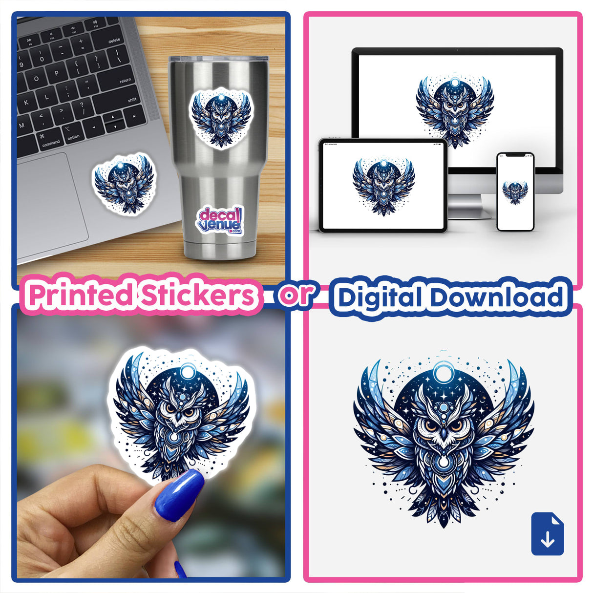 Blue Celestial Owl - Artistic digital illustration of an ornate owl with intricate wing details, displayed on various products including a laptop, mobile devices, and a stainless steel tumbler.