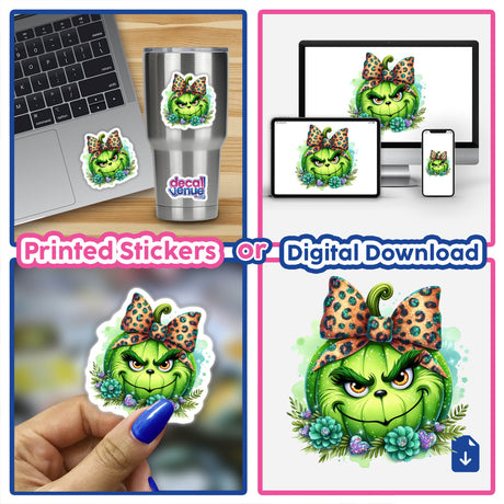 Green Grouch Pumpkin Face with a Glitter Leopard Bow featured in a collage of stickers and digital artwork, showcasing various applications like laptops, phones, and nails.
