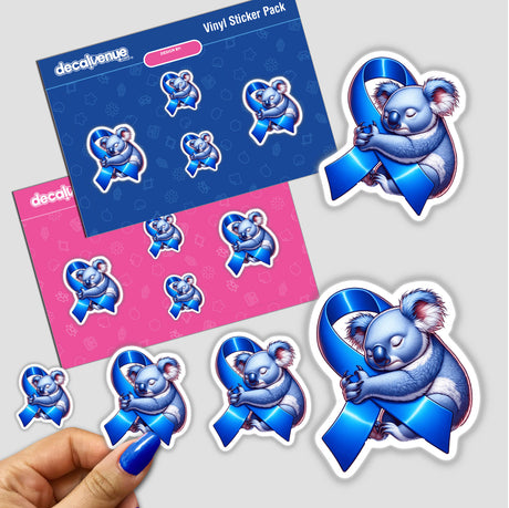 Koala Blue Ribbon Colon Cancer Awareness sticker pack featuring cartoon koalas holding and hugging blue ribbons, available as unique vinyl stickers or digital artwork from Decal Venue.