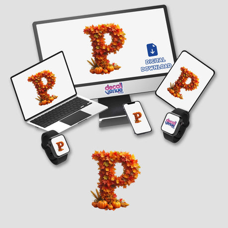 Thanksgiving Letter P Clipart featuring fall leaves and pumpkins displayed on a computer and laptop screen, available as stickers or commercial use download.