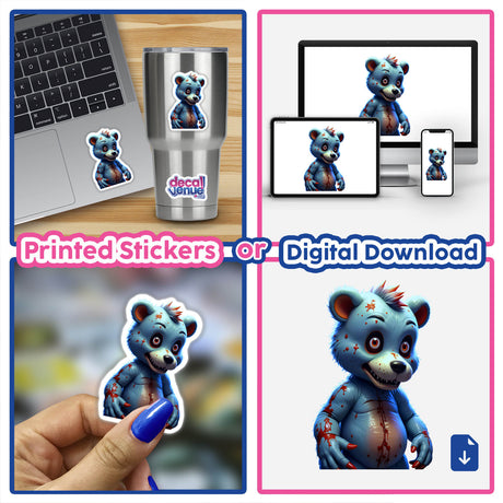 A Macabre Scary Bear sticker featuring a cartoon bear with unsettling details, displayed on a laptop, available as a sticker or digital artwork from Decal Venue.