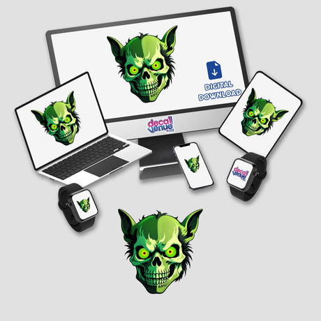 Hybrid Human Dog Skull illustration on various devices, showcasing unique digital art available as stickers or downloads, featuring prominently on a computer monitor and laptop screen.