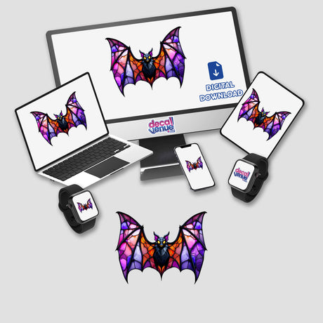 Bat Stained Glass Style design displayed on various devices, including a monitor, laptop, and smartwatch, showcasing the unique bat-themed stickers and digital artwork available from Decal Venue.