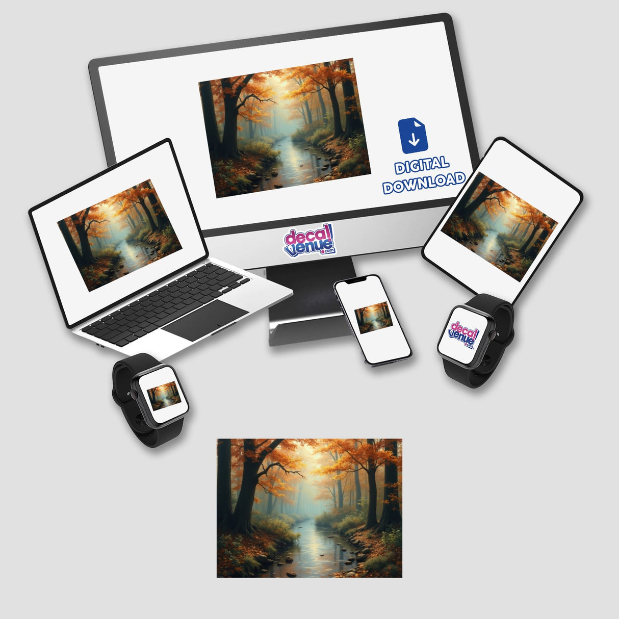 Tranquil Fall Forest Wallpaper on 12.9-inch iPad Pro with a serene river and forest scene; includes stickers and commercial rights.