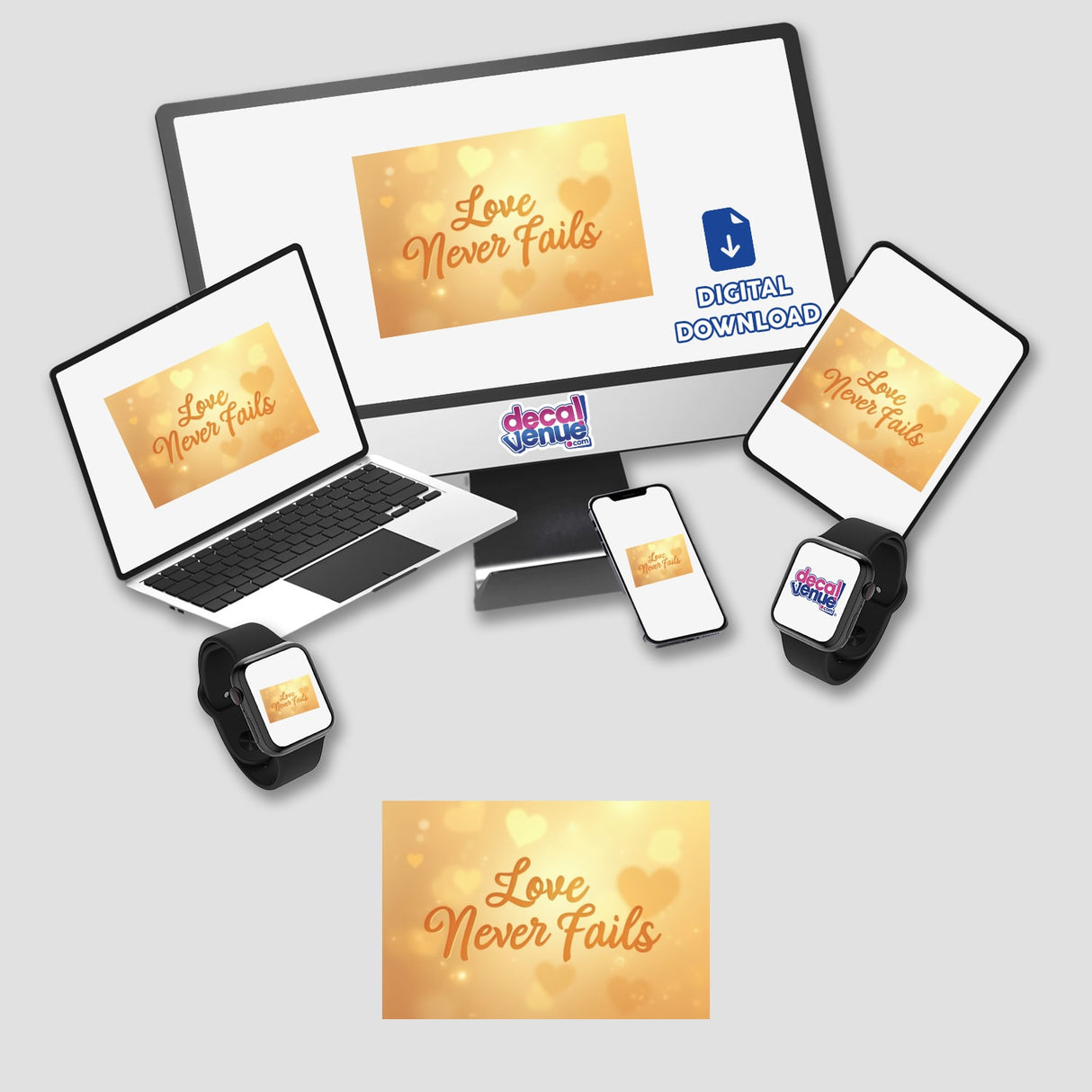 Love Never Fails Sticker & Clipart featuring 1 Corinthians 13:8 displayed on a computer monitor, laptop, phone, and tablet, emphasizing the Christian quote for digital artwork and stickers.