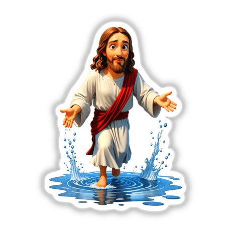 Funny Jesus Christ Walking On Water cartoon depicting a long-haired man with a crown in water, available as stickers or digital artwork from Decal Venue.