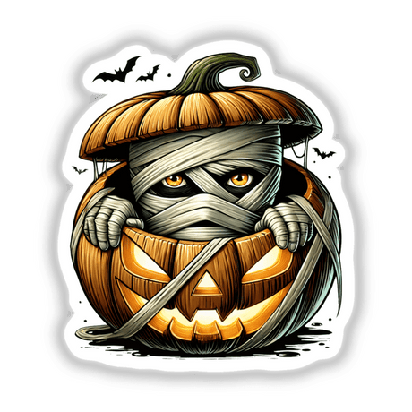 Mummy Peeking Out of Pumpkin Halloween: A charming cartoon mummy emerging from inside a carved pumpkin, perfect for adding spooky flair to your Halloween decorations or crafts.