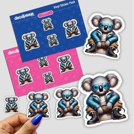Patriotic Leather Koala Aviator Sunglasses sticker featuring a koala in a blue jacket and sunglasses, ideal for DIY crafts on mugs, pillows, and t-shirts.