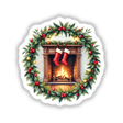 Cozy Fireplace with Stockings in a Christmas Wreath features a festive scene of red stockings hanging from a fireplace, surrounded by a wreath of holly, available as stickers or digital artwork.