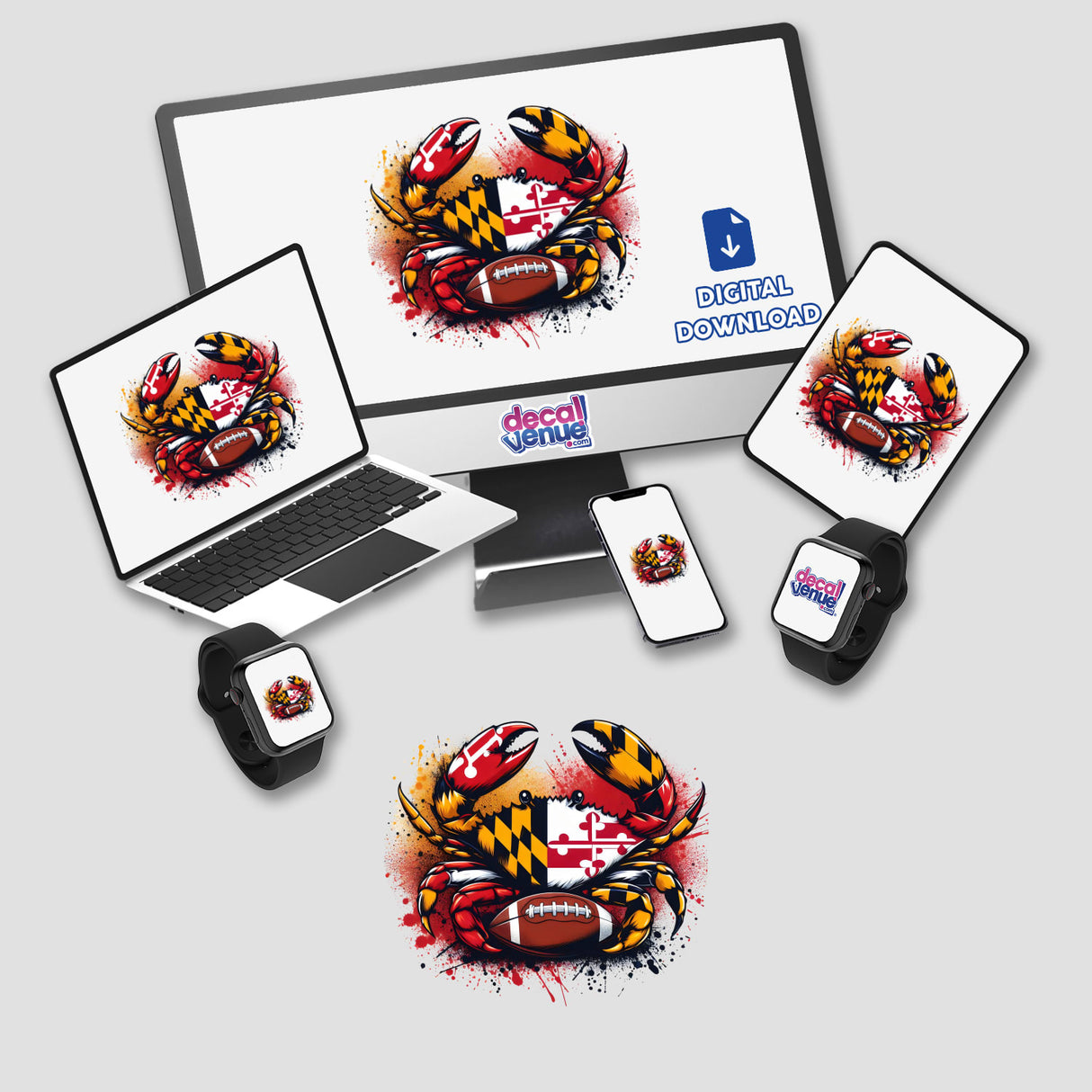 Vibrant Maryland football-themed crab design with bold colors and dynamic elements displayed on various digital devices and merchandise.