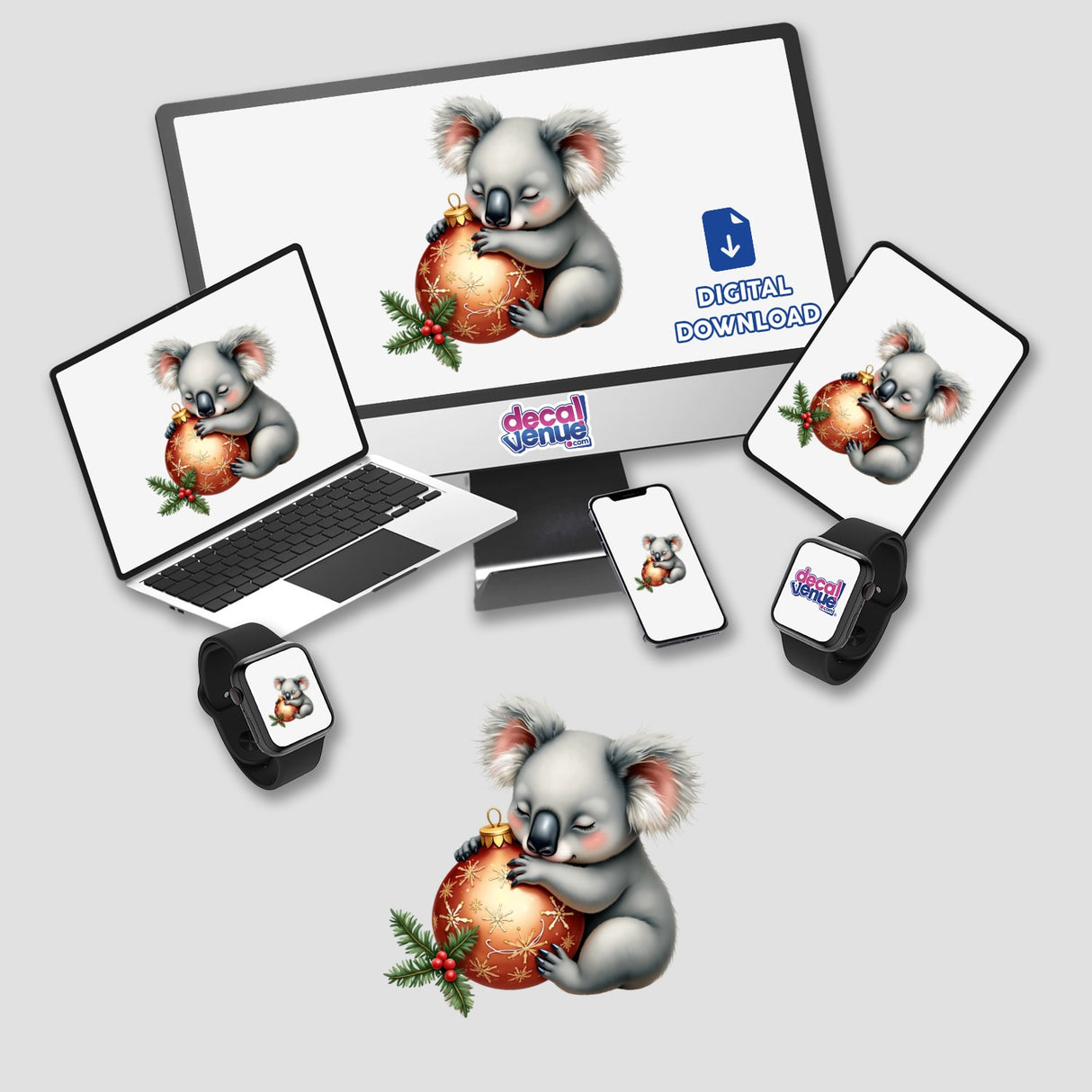 Koala Sleeping on Christmas Ornament displayed on a monitor and laptop, showcasing Decal Venue's unique stickers and digital art collection.