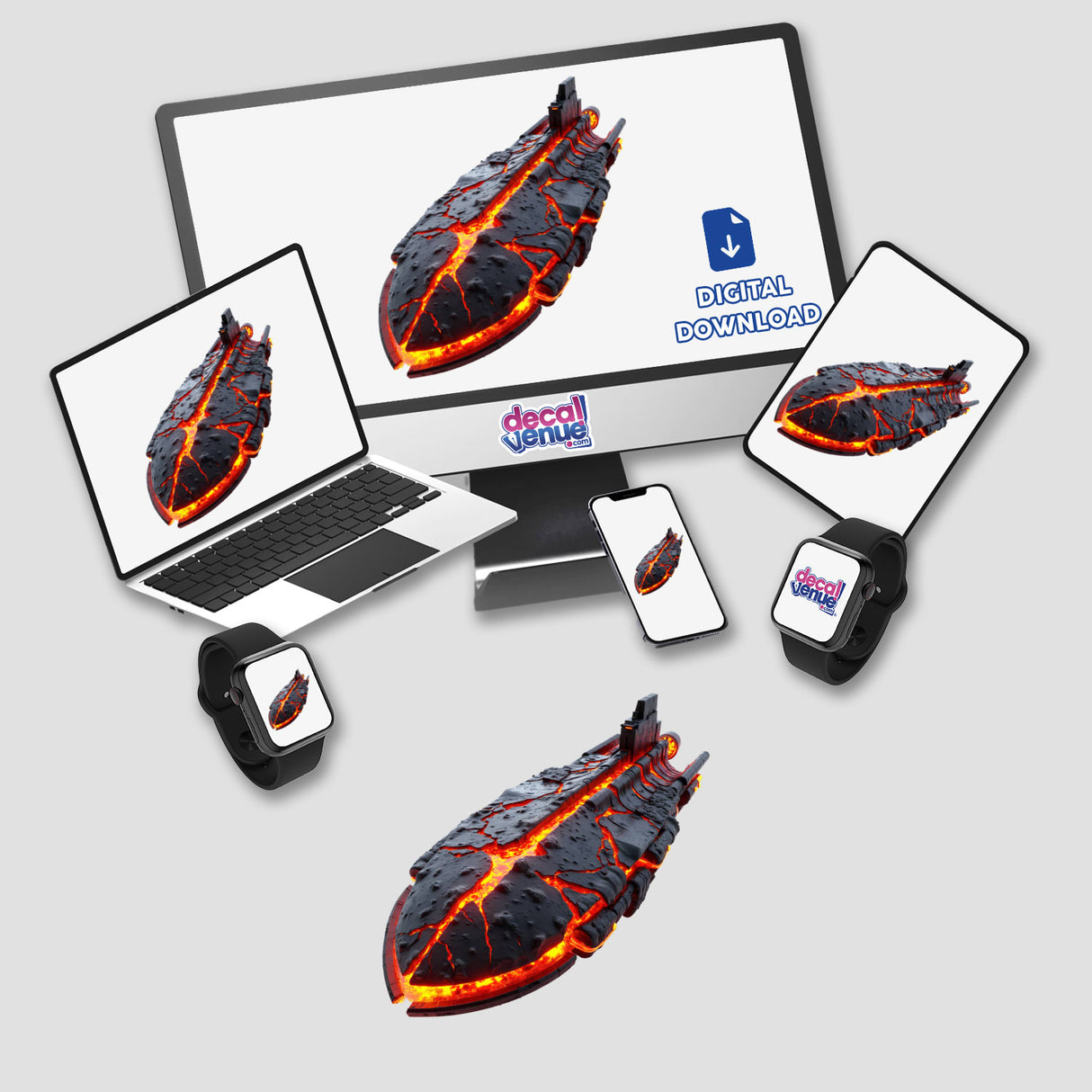 Molten Lava Spaceship displayed on a computer monitor and laptop, highlighting its dynamic design. Available as stickers or digital artwork, perfectly aligning with Decal Venue's unique creative offerings.
