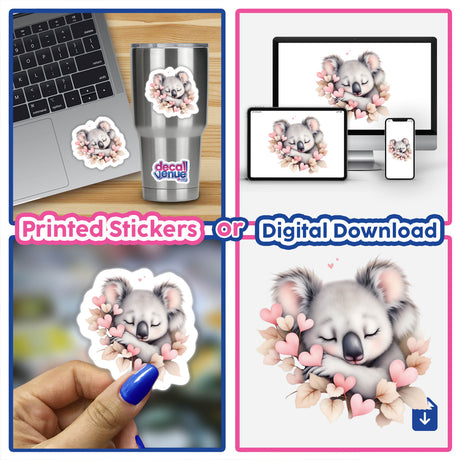 Sleeping Koala with Heart-Shaped Leaves: A collage shows koalas dreaming amid heart-shaped leaves, perfect as vinyl stickers for laptops or digital artwork for serene personalization.