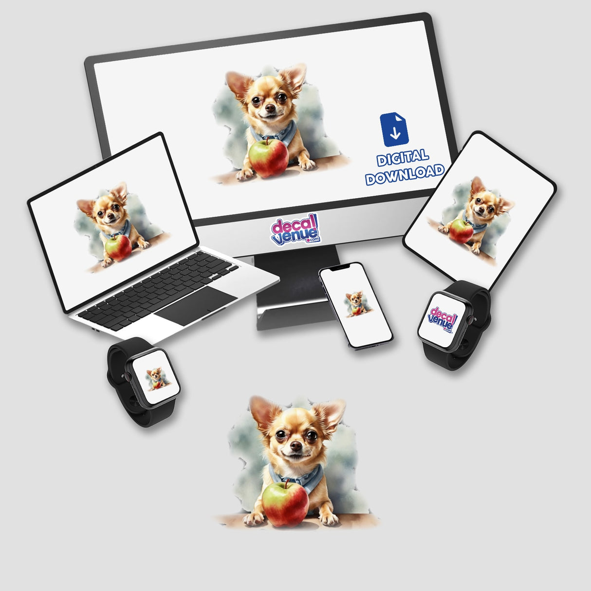 Adorable Chihuahua Clipart – Sticker or Download with Commercial Rights: A computer monitor and laptop display a cute Chihuahua holding an apple, perfect for digital artwork or stickers.