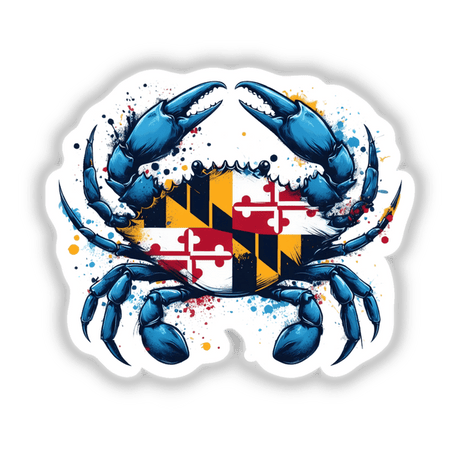 Maryland Flag Crab Splatter II: A blue crab graphic with a red and white flag, available as stickers or digital artwork, capturing unique marine-themed art from Decal Venue.