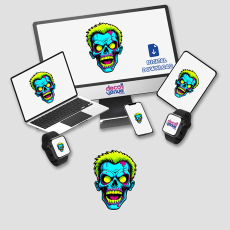 A Cool Neon Punk Zombie Skull cartoon displayed on a computer monitor and laptop, offered as stickers or digital artwork by Decal Venue.