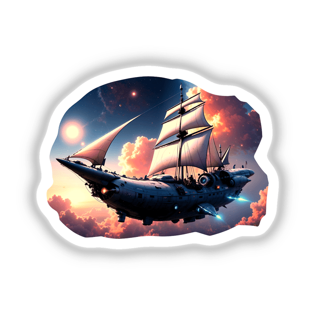 A Cool Retro Pirate Sailing Spaceship depicted as a ship floating in the sky, blending themes of nautical adventure and science fiction. Available as unique stickers or digital artwork.