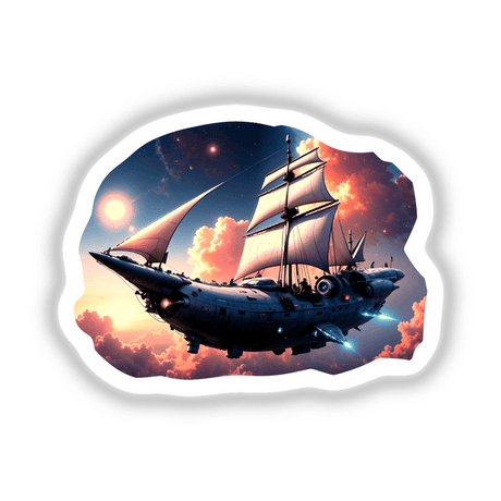 A Cool Retro Pirate Sailing Spaceship depicted as a ship floating in the sky, blending themes of nautical adventure and science fiction. Available as unique stickers or digital artwork.