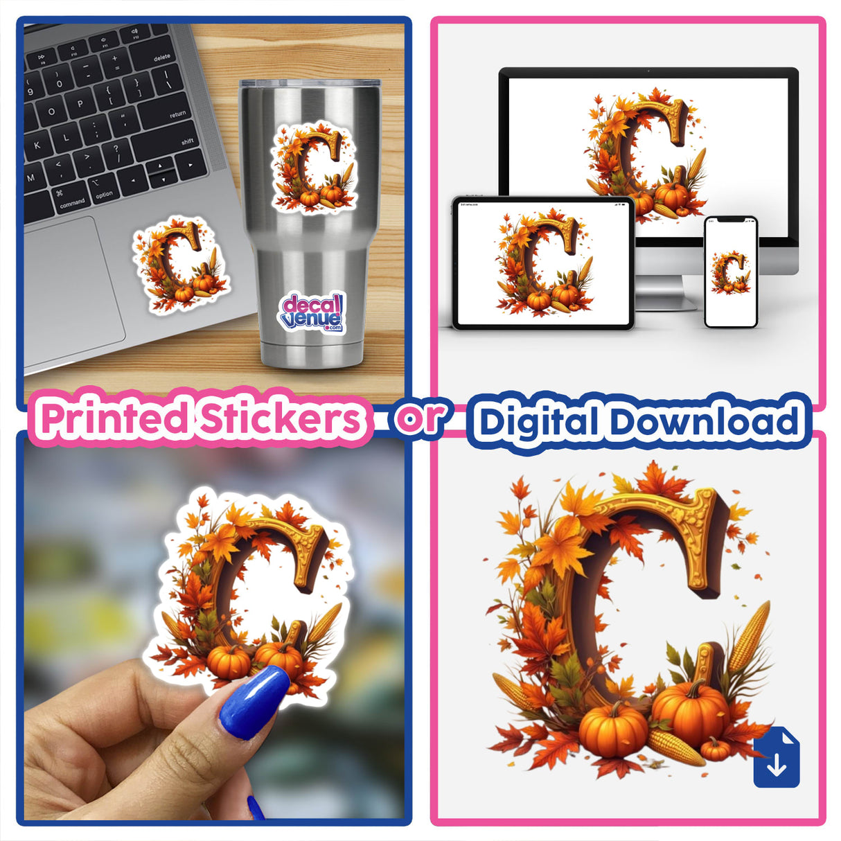 Autumn Letter C Clipart – Fall Decor Stickers or Download with Commercial Rights, featuring a collage showcasing the letter C adorned with pumpkins and leaves, fit for laptops, phones, and nails.