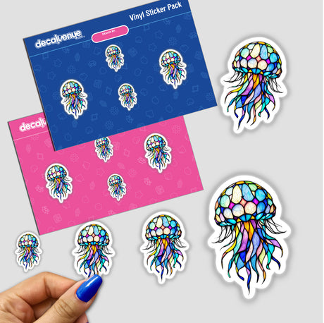 Jellyfish Stained Glass Style stickers depicting intricate jellyfish designs, offered as both physical decals and digital artwork, showcasing the unique artistry available at Decal Venue.