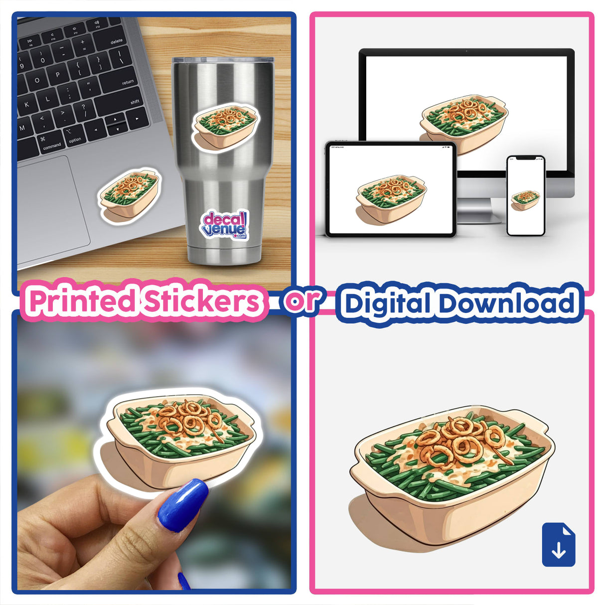 Thanksgiving Green Bean Casserole Clipart - Watercolor Style | Printable Sticker and Digital Download with Commercial Rights. Features a collage of food illustrations, including green beans and onion rings, designed for versatile use.