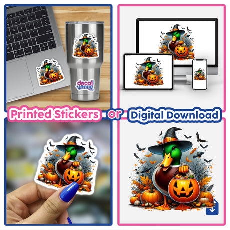 Halloween Mallard Duck Witch III stickers and digital artwork featuring a cartoon duck with a hat, holding a pumpkin basket, suitable for laptops, phones, and more.