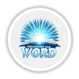 Preaching the Word” Pastor Appreciation Sticker features a book with a light burst and blue text, ideal as a decal or Christian clipart download with commercial rights.