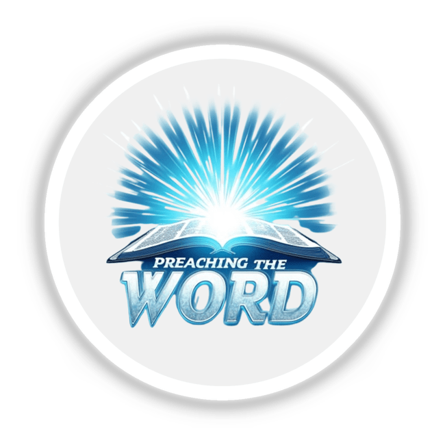 Preaching the Word” Pastor Appreciation Sticker features a book with a light burst and blue text, ideal as a decal or Christian clipart download with commercial rights.