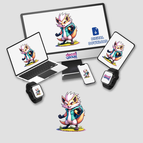 Furry Fighter - Shadow Striker The Hedgehog displayed on a computer monitor and laptop. Cartoon fox featured prominently, available as stickers or digital artwork from Decal Venue.