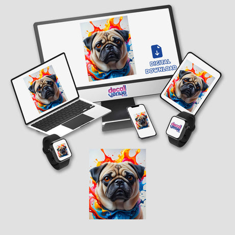A Cute Pug - Animal Portrait displayed on a computer monitor and laptop, showcasing the artwork's availability as stickers or digital artwork, emphasizing its charm for Decal Venue's unique collection.