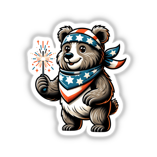 Grizzly Bear Holding Sparkler Wearing Stars and Stripes Bandana