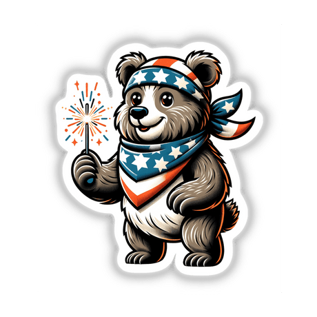 Grizzly Bear Holding Sparkler Wearing Stars and Stripes Bandana