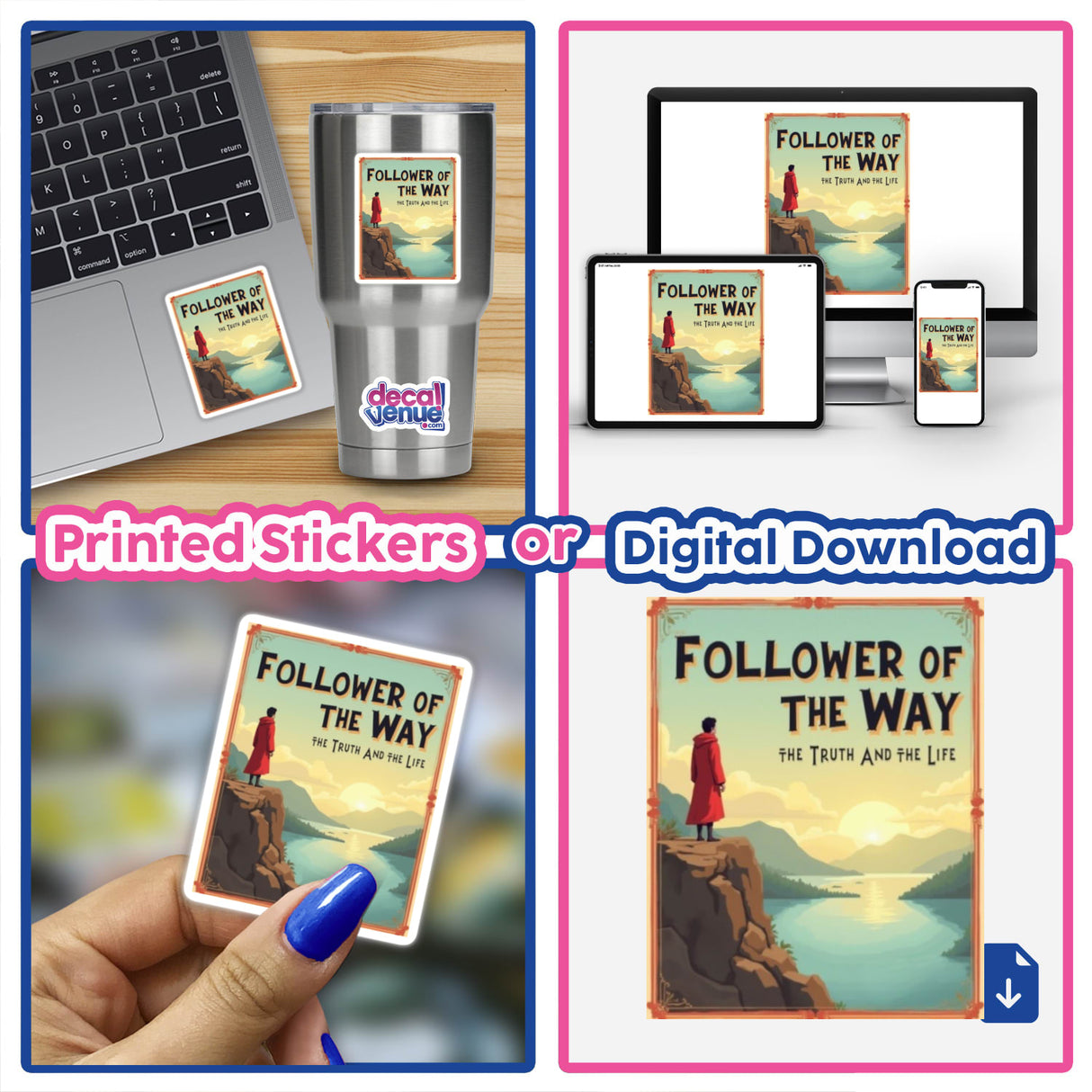 A collage showcasing a laptop adorned with a Vintage Christian Clipart Inspired by John 14:6 sticker, emphasizing the product's availability as stickers or digital artwork.