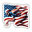 Patriotic Zombie American Flag Stars Stripes sticker featuring a skeleton holding a flag, perfect for showing American pride with a spooky twist. Ideal for July 4th or Halloween.