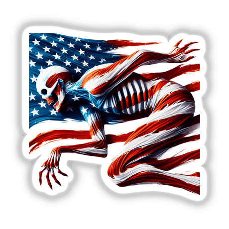 Patriotic Zombie American Flag Stars Stripes sticker featuring a skeleton holding a flag, perfect for showing American pride with a spooky twist. Ideal for July 4th or Halloween.